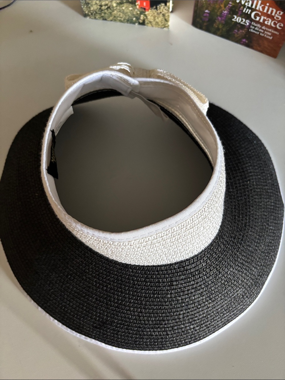 Women’s Black and White Straw Visor Hat with Adjustable Band